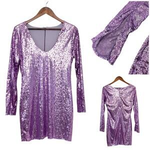 Purple Sequin Mini Dress Split Long Sleeve V Neck Cocktail NYE Party Sparkly | M